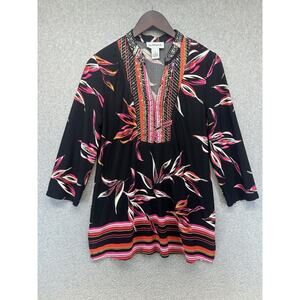 Peck Peck Womens Blouse Tunic Studded VNeck Black Vibrant Pink Leaf Print Size M